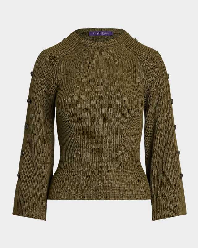 Rib-Knit Wool-Silk Button-Sleeve Sweater
